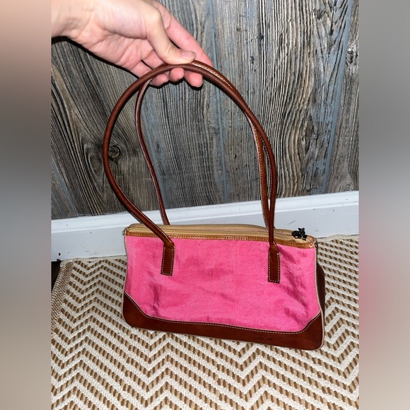 Ann Taylor Y2K brown leather and pink canvas zip top small purse - Picture 1 of 9